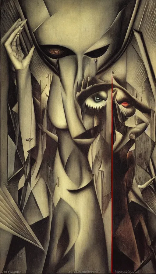 Image similar to illusion of Good and Evil merge in one ,artdeco,H.R. Giger and Tamara de Lempicka and Beksinski style