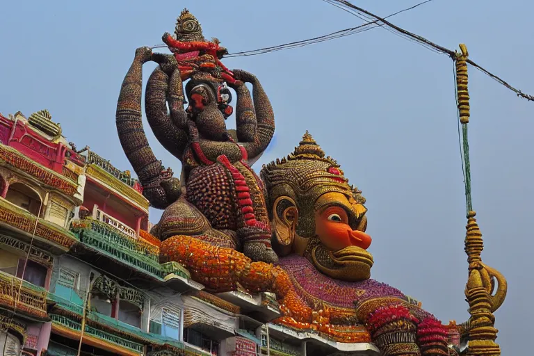 Image similar to dreamscape! mumbai with biomorphic hanuman!! head building, kalighat, sharp hyperrealistic cinematic smooth, stephen shore & john j. park, soft morning light, wide shot, high angle, uhd 8 k, deep focus