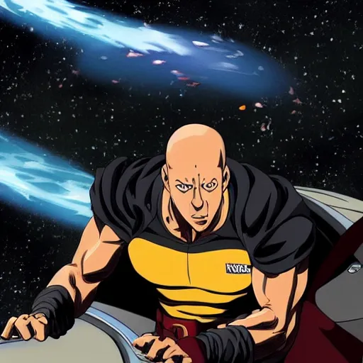 Image similar to vin diesel as saitama throwing a car into space