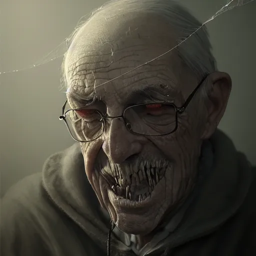 Prompt: an old man with thick cobwebs covering his face, cobwebs, spooky, atmosphere, detailed, realistic, unreal engine, cgsociety, by wlop and artgerm