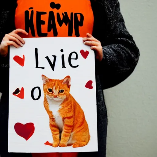 Image similar to orange tabby cat holding a sign that says