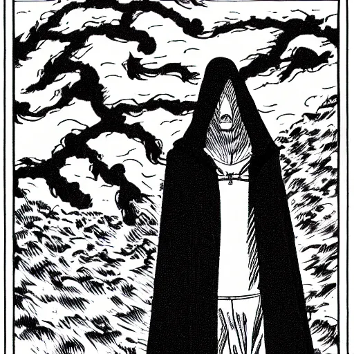 Image similar to hooded man, junji ito,