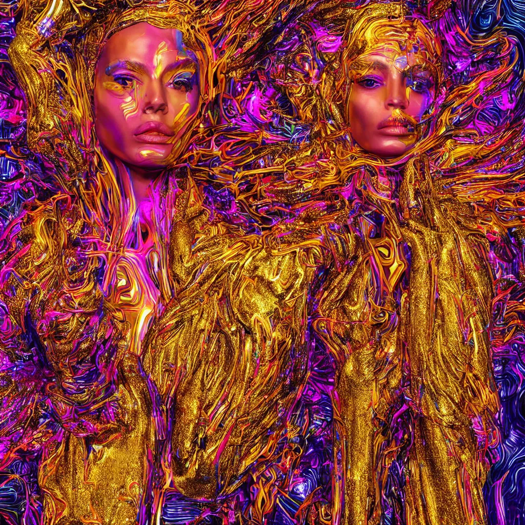 Prompt: hyperdetailed masterpiece portrait of a glossy golden metallic statue of a woman covered in colorful glowing digital circuits and hexagons, symmetrical, in the style of virgil abloh, offwhite, heron prestorn, denoise, vogue, paris, fashion, louvre museum, highly detailed, realistic, hyperreal, 8 k, 4 k, render