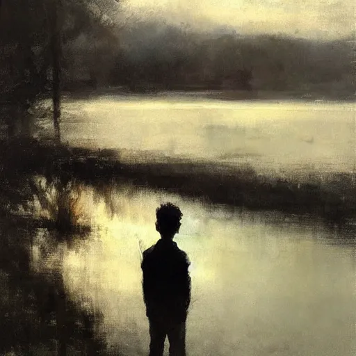 Prompt: lonely boy without his soul staring into a lake, painting by jeremy mann