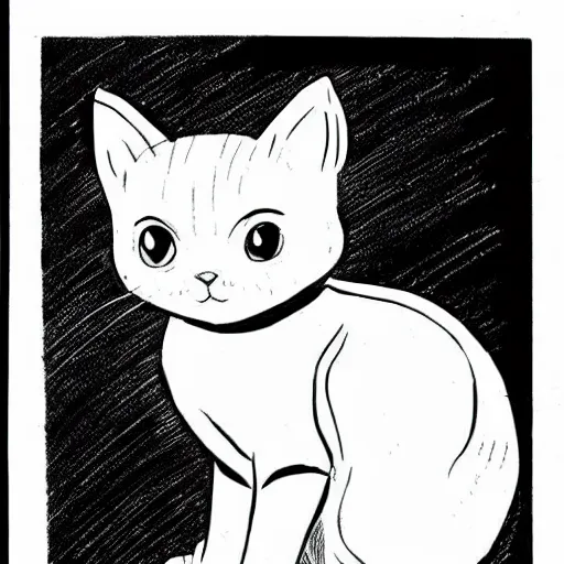 Image similar to clean simple line art of a very cute kitten. white background. well composed, clean black and white line drawing, beautiful detailed face. illustration by steve ditko and jack kirby and beatrix potter