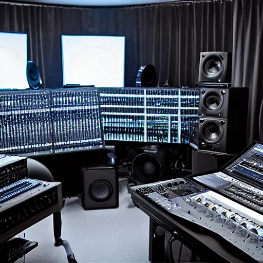 Image similar to Sharp photo of a mixing and mastering engineering studio. Expensive Genelec mastering loudspeakers, a large mixing desk. Emmy Award-winning mixing engineer studio. Cinematic dark lighting, dusty Atmosphere, award-winning photography, 35 mm f/2.8 photography. Sharp, 4k, anamorphic lens. Very, very detailed