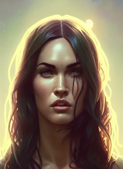 Image similar to highly detailed portrait of megan fox, stephen bliss, unreal engine, greg rutkowski, loish, rhads, beeple, makoto shinkai and lois van baarle, ilya kuvshinov, rossdraws, tom bagshaw, alphonse mucha, global illumination, god rays, detailed and intricate environment