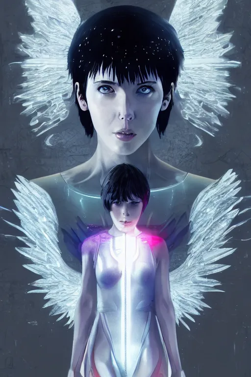 Image similar to white arc-angel with mystic robotic wings, blade runner, akira, ghost in the shell, 2077, ultra detailed, digital art, 8k ,character ,realistic, portrait, hyperrealistic