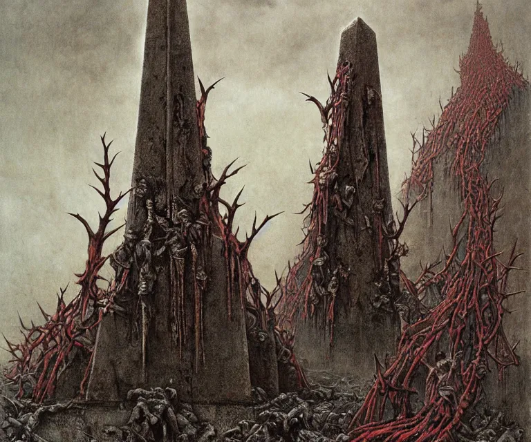 Image similar to Ancient blood-leaking cultic ritual obelisk made of horns and thorns, bloody chunks of flesh and steel chains by Beksinski, Arthur Rackham, Eugene de Blaas, Dariusz Zawadzki, Wayne Barlowe