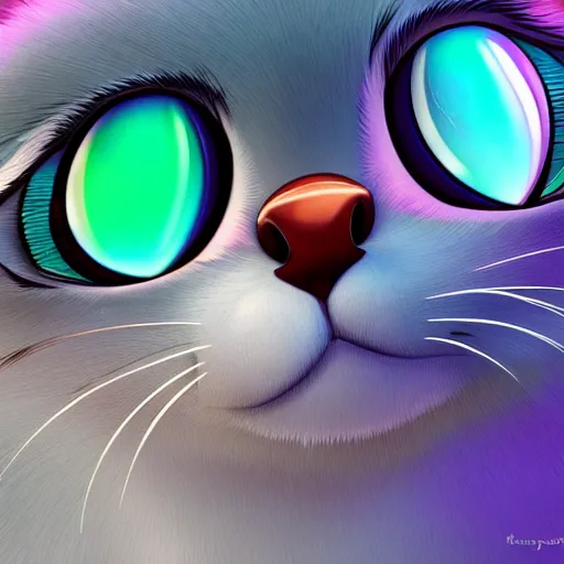 Image similar to close up portrait of a cute fluffy alien with huge reflective eyes :: fur, lots of fur, fluffy, adorable, cel shading, toon shading, disney, pixar, dreamworks, disney animation style, pixar animation style, dreamworks animation style, muted colors, dull colors, pastel colors, lots of colors, colorful