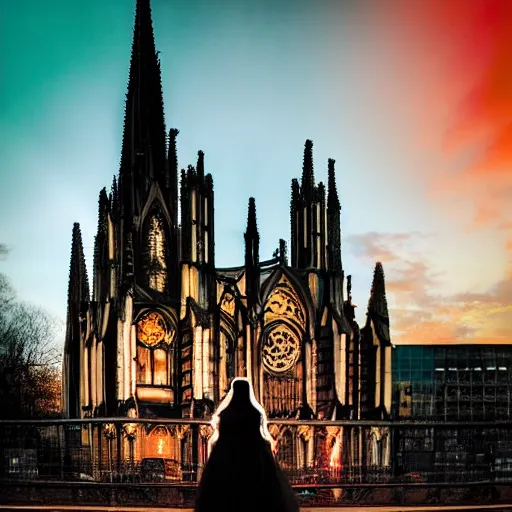 Image similar to 2 4 mm architectural shot gothic girl dressed in black, behind her a gothic cathedral, dramatic lights, dark ambients, the windows of the cathedral are reflecting red flame lights, golden hour, detailed face, intricate ornaments