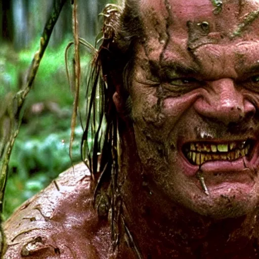 Prompt: cinematic still of jack nicholson, covered in mud and watching a predator in a swamp in 1 9 8 7 movie predator, hd, 4 k