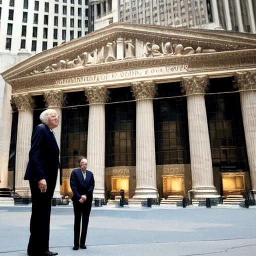 Image similar to warren buffet as a kristy creme standing outside wall street stock exchange, reality, realistic, detailed, 8 k, award winning, wide shot,