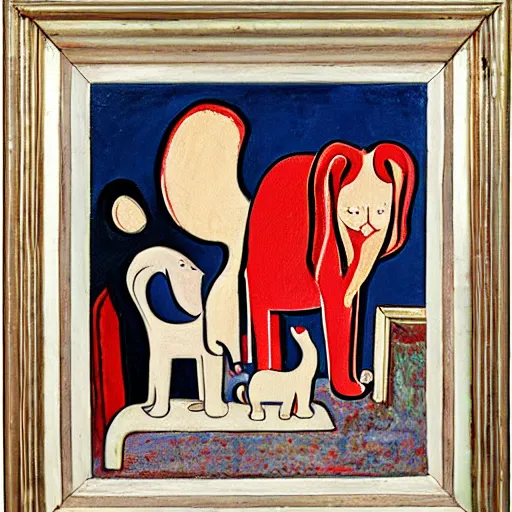 Image similar to Cats and elephants oil on canvas, by Corneille,
