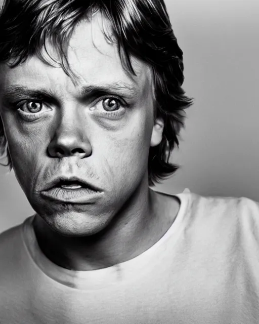 Image similar to very low angle high quality hyper realistic portrait of young mark hamill portraying luke skywalker, dark dramatic lighting, portrait realistic and insanely detailed, great composition, 8 k