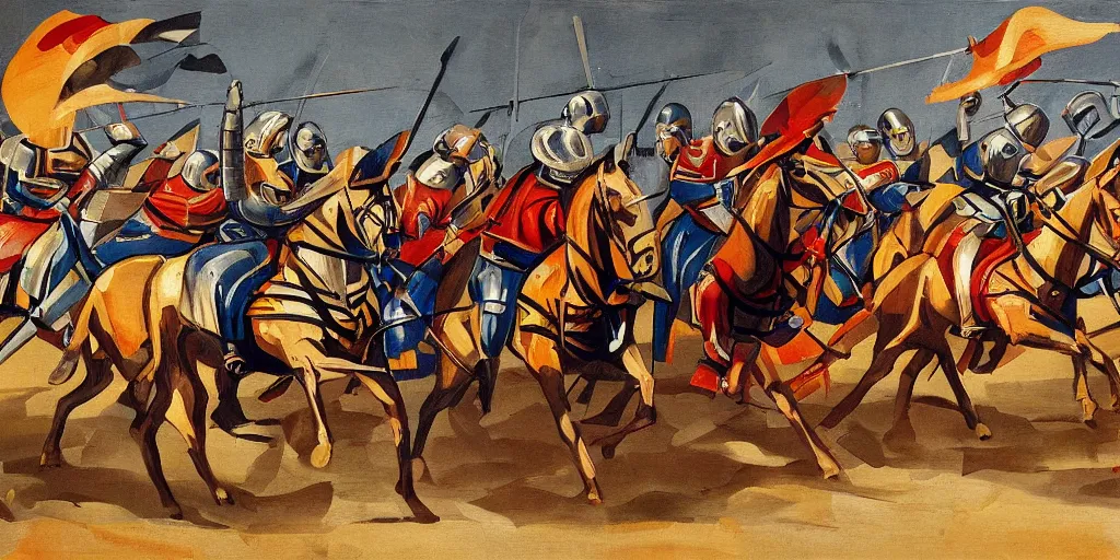 Image similar to futurism style painting of medieval knights jousting