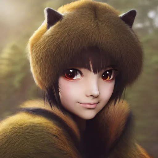 Image similar to cute anime girl with a pine marten render, octane render, CGsociety, beautiful face, 4k, trending on artstation, highly detailed