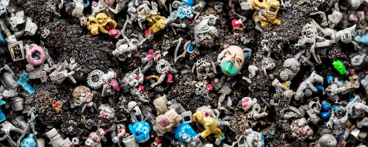 Image similar to a close up of a piece of plastiglomerate made from warhammer figures and korean beauty face masks, photographic, highly detailed