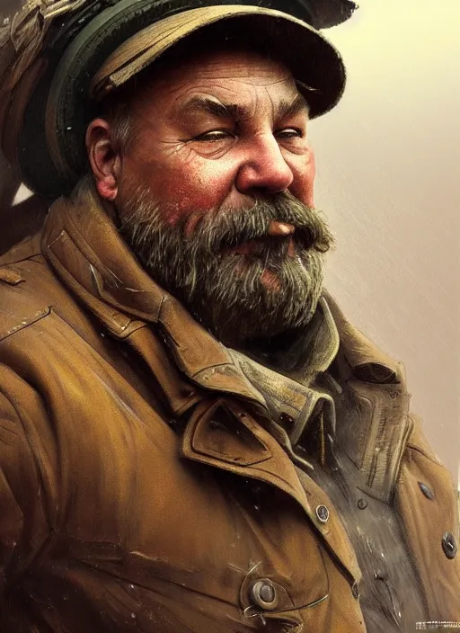 Image similar to a russian railroad electrician!!!, siberia!!, portrait, intricate, dirty, fat, ugly, highly detailed, digital painting, artstation, concept art, wallpaper, smooth, sharp focus, illustration, art by artgerm and greg rutkowski and alphonse mucha