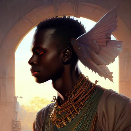 Prompt: illustration of a senegalese boy, d & d, fantasy, intricate, elegant, highly detailed, digital painting, artstation, concept art, smooth, sharp focus, illustration, art by artgerm and greg rutkowski and alphonse mucha