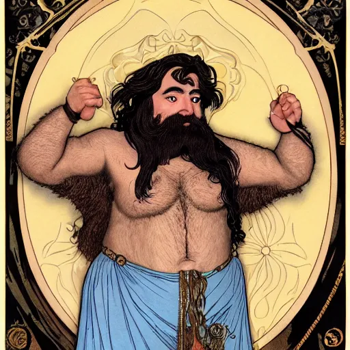 Image similar to art nouveau portrait of tom kenny as a dwarven barbarian with full luscious groomed beard, long flowing hair, a cheeky smile, gold filigree, mucha