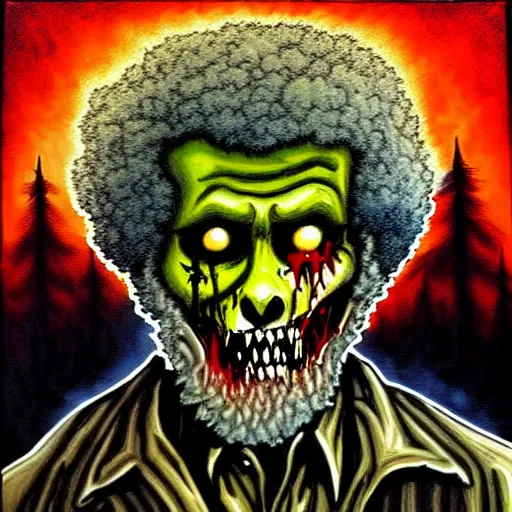 Image similar to zombie apocalypse by bob ross, detailed