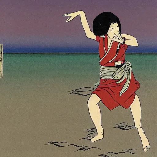 Image similar to Beautiful Japanese woman running from an old samurai on the beach Toshio Saeki, high detailed