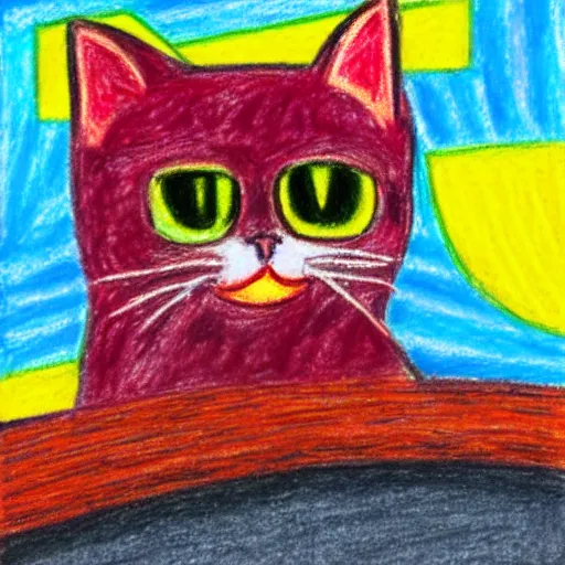 Image similar to An oil pastel drawing of an annoyed cat in a spaceship