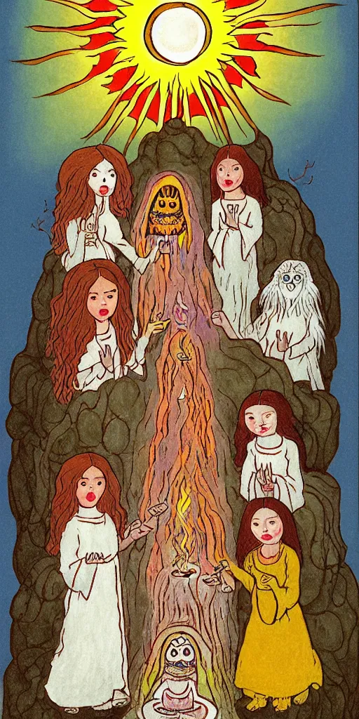 Prompt: small impish joyful creature in white robe with glowing eyes and sun ray flame hair holding lit matches and singing, three sisters visiting, The Queen in the Cave Children's book illustration, traditional folk art style, gouache on paper, outsider art, David Palladini, Mu Pan, Carson Ellis, Julia Sarda, tarot card, Henry Darger, Louis Wain, creepy, 8k, high resolution