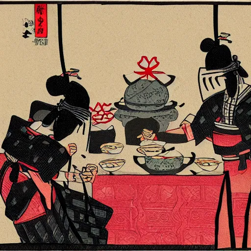 Image similar to a samurai at a tea party