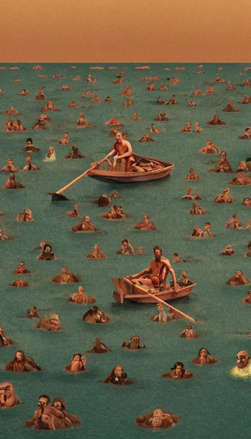 Image similar to man on boat crossing a body of water in hell with creatures in the water, sea of souls, by wes anderson,