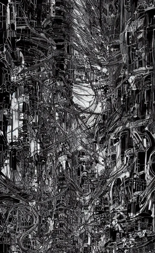Prompt: minimalist city scene by tsutomu nihei, inked, minute details, desolation, hyper realistic, cosmic horror, biomechanical, beautiful