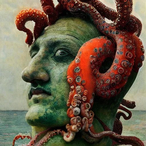 Image similar to a sculpture portrait made of seaweed and coral and shells and octopus, painting part by wojciech siudmak, part by ilya repin, part by max ernst, part by norman rockwell, artstation