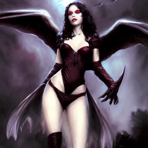 Prompt: raven winged female vampire, fantasy, portrait painted by Raymond Swanland