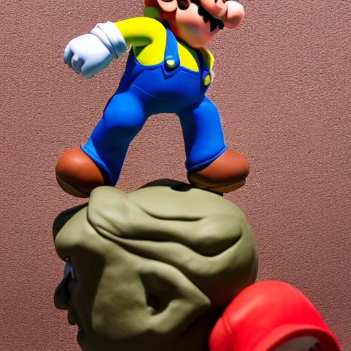 Image similar to clay sculpture of super mario stomping on a goomba. studio photography.