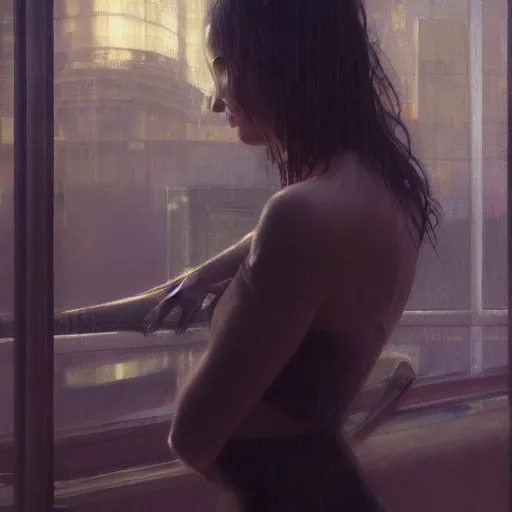 Image similar to detailed portrait of a woman, moment, cyberpunk cloisters, electronic billboards, searchlight, tech noir, wet reflections, atmospheric, ambient, livia prima, greg rutkowski, edward hopper