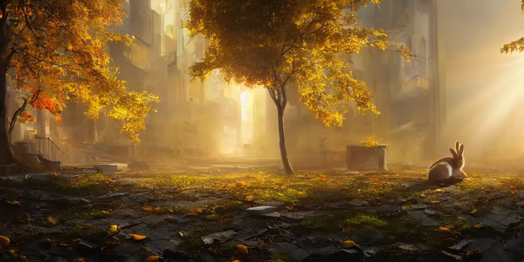 Image similar to A yellow baby rabbit is painting, cyberpunk temple, sunset with falling leaves, Tyndall rays, low angle, light through the mist, dramatic lighting, photorealistic, cinematic lighting, high detail, cinematic feel, high octane, 4K, Unreal Engine, digital render, intricate, ultra realistic, concept art