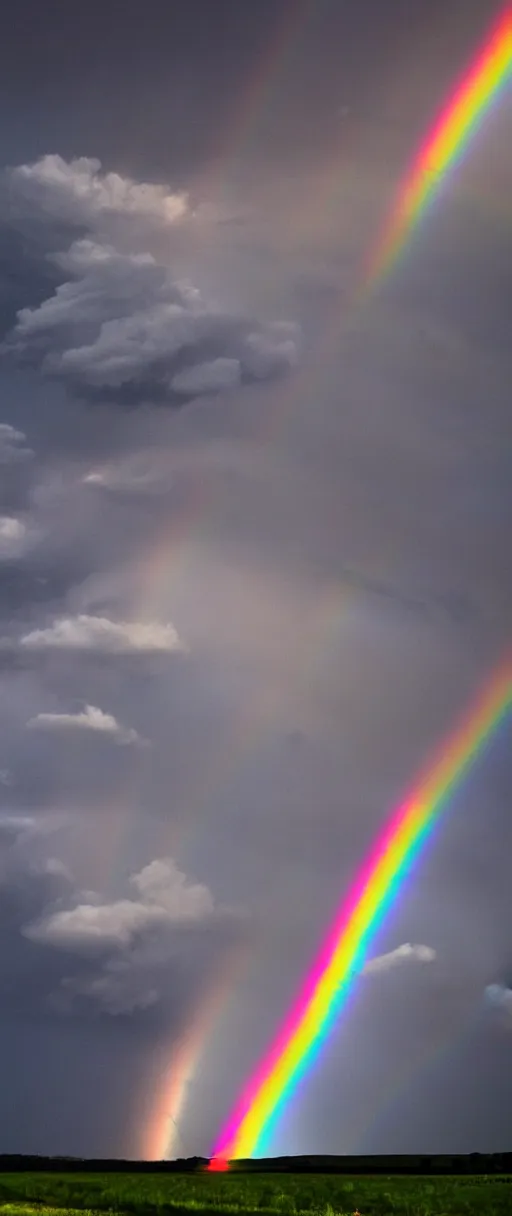 Image similar to storm filled sky with rainbow lightning, rainbow, rainbow lightning, dark clouds, open field, dark, colorful