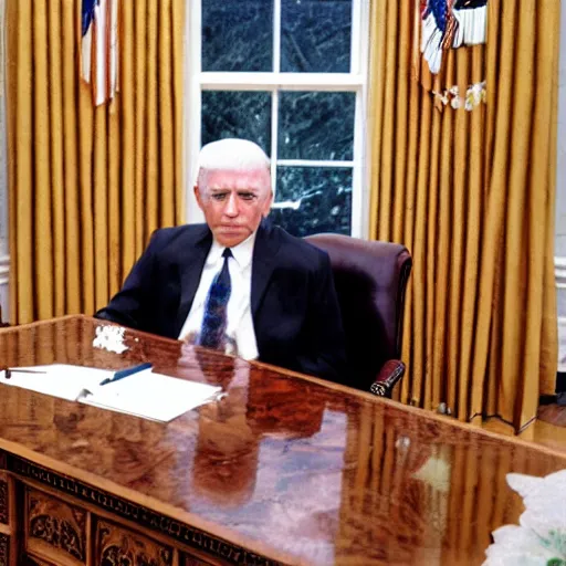 Prompt: president griffith from berserk at his white house oval office desk