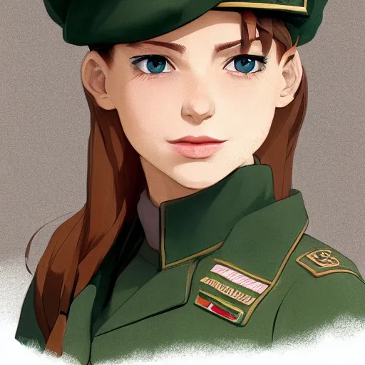 Image similar to portrait of young woman with light brown hair and hazel eyes dressed in a sharp dark teal military uniform with beret, saluting, smiling, ilya kuvshinov, anime, ross tran