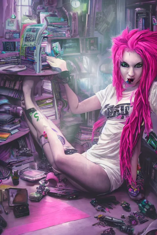 Image similar to portrait of a cybergoth girl with pink dreads reading a book on the floor of a cluttered 9 0 s bedroom, dynamic lighting, fantasy concept art, trending on art station, stunning visuals, creative, cinematic, ultra detailed,