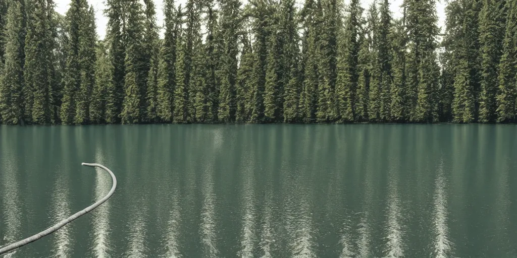 Prompt: centered photograph of a long rope snaking across the surface of the water, stretching out towards the center of the lake, a dark lake on a cloudy day, trees in the background, anamorphic lens