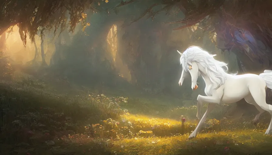 Prompt: a beautiful painting of the last unicorn, ray traced lighting by rudy siswanto and greg rutkowski