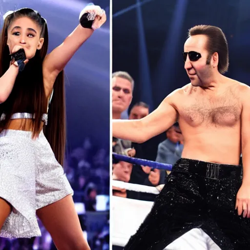 Prompt: ariana grande fights nicolas cage in ring