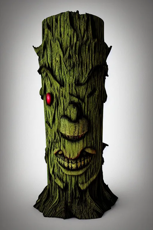 Prompt: terror clownvamp totem made in carved mossy wood, realistic and ultra detailed, texturized, indirect volummetric light, mask effect layer, sharpen and antialiased