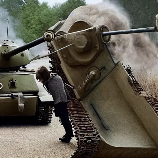 Image similar to a photograph of emma watson punching a german tiger tank