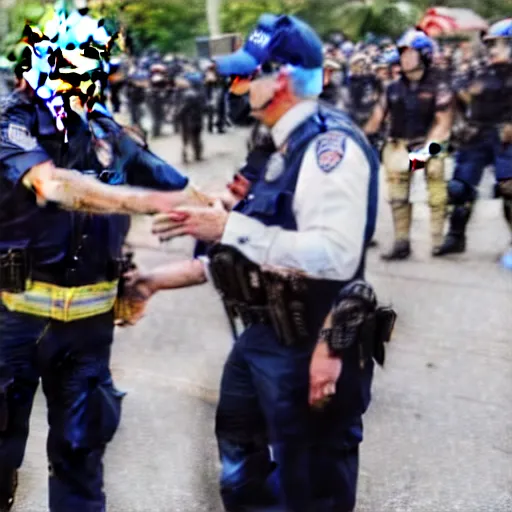 Image similar to donald trump handing a can of pepsi to a police officer during a riot