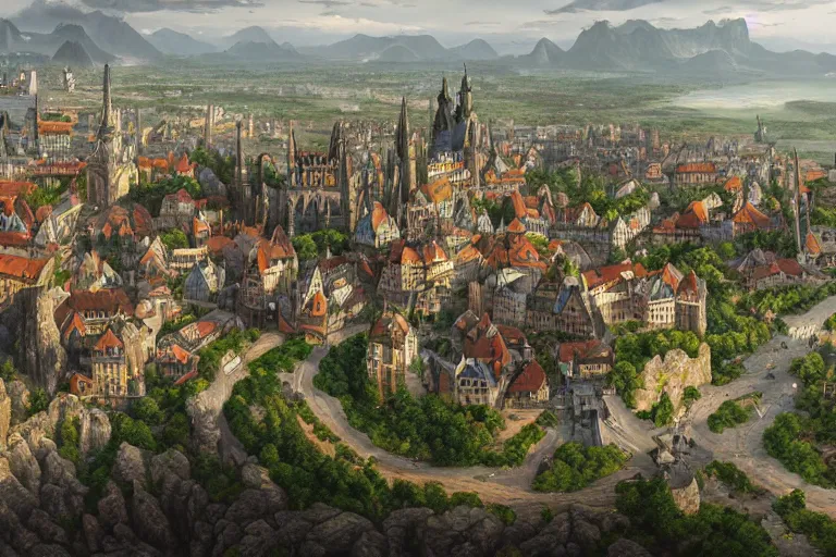 Prompt: an ultra detailed matte landscape painting of an german renaissance capital city built into the side of a mountain with many tall spirally towers, sweeping vista, tiny coastal fishing village very far away, ultrawide lens, aerial photography, 8 k, volumetric lighting, smooth, highly detailed, digital illustration, art by greg rutkowski and akira toriyama and artgerm