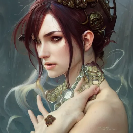 Image similar to portrait of a demon, D&D, fantasy, highly detailed, digital painting, artstation, smooth, sharp focus, illustration, art by artgerm and greg rutkowski and alphonse mucha