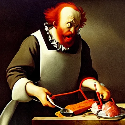 Prompt: Ronald Mcdonald putting meat into a metal mincer. High detail painted by Caravaggio